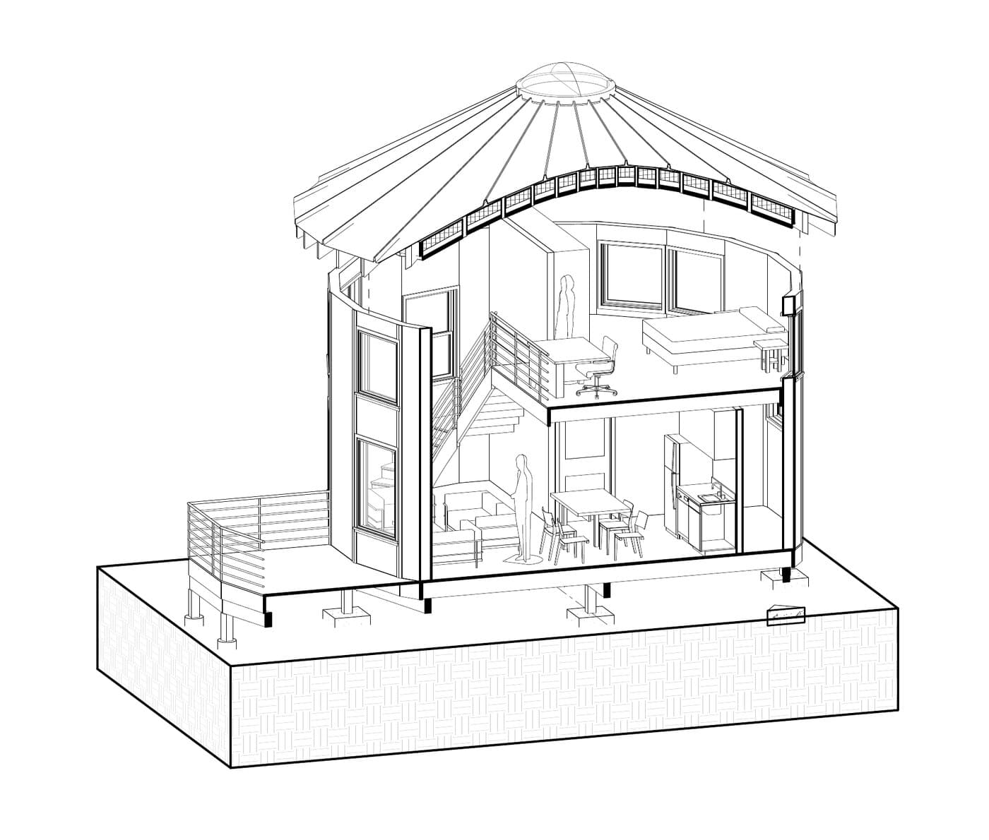 Isometric building section of Redwood Ridge Round Home.