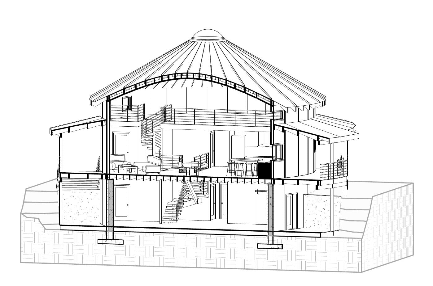 Isometric building section of Highland Overlook Round Home.