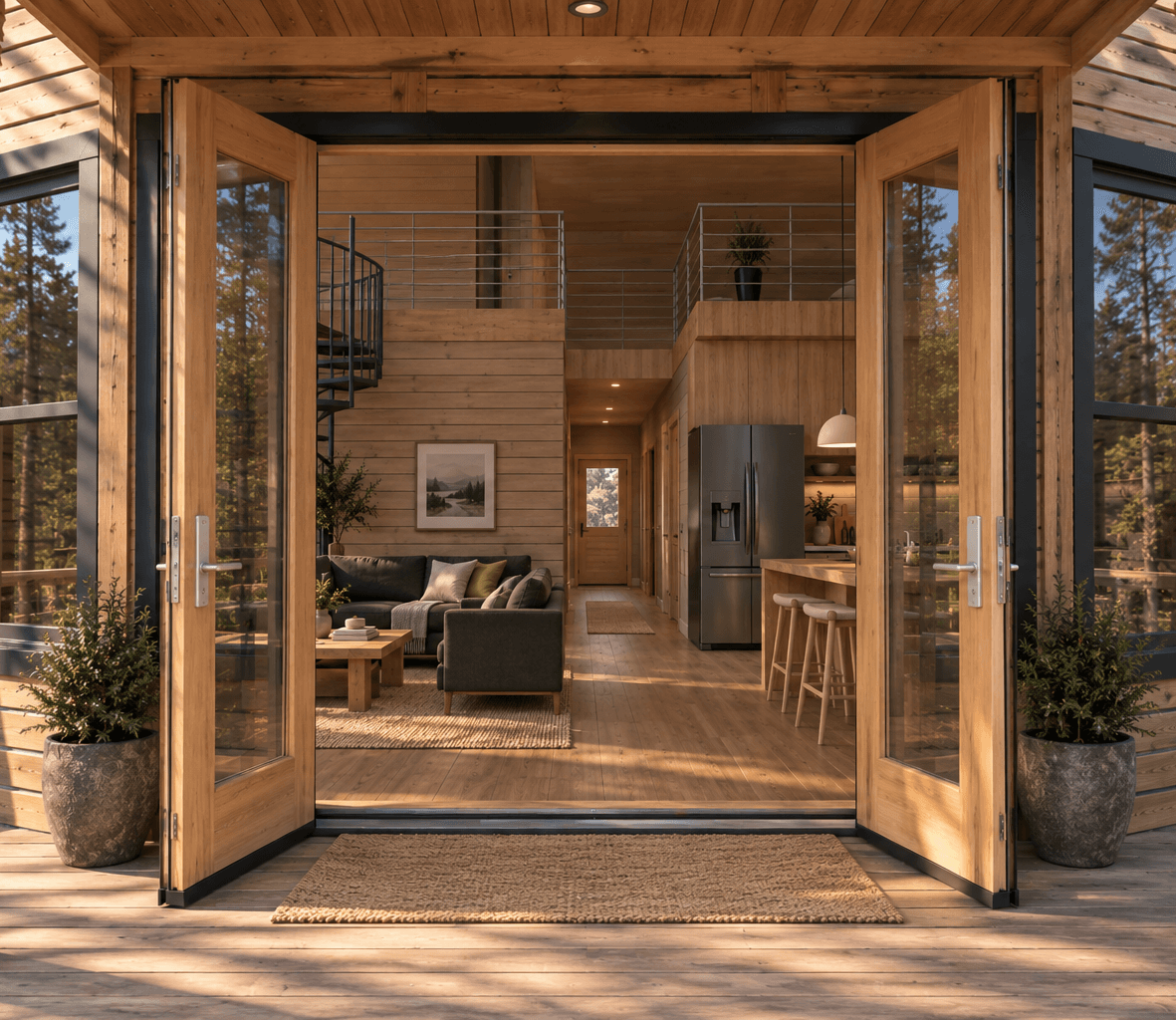 Looking in through open French doors onto a sunlit deck, toward a living room with a spiral staircase to a loft and a kitchen with a center island beyond.