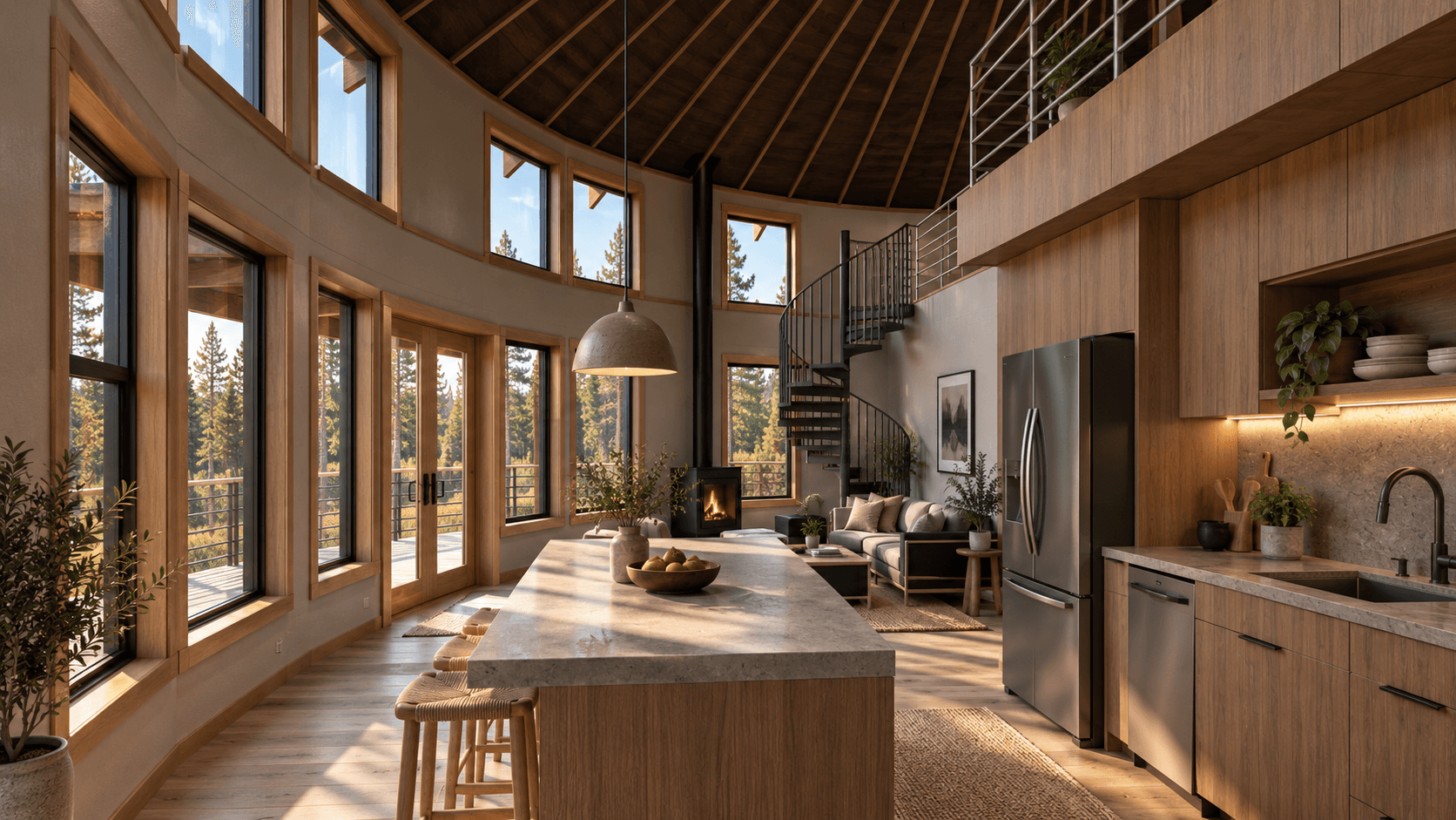 A curved great room beneath a radial timber ceiling, floor-to-ceiling windows flooding a stone kitchen island and wood stove with daylight, a black spiral staircase to a loft, and a full kitchen with stainless appliances to one side.