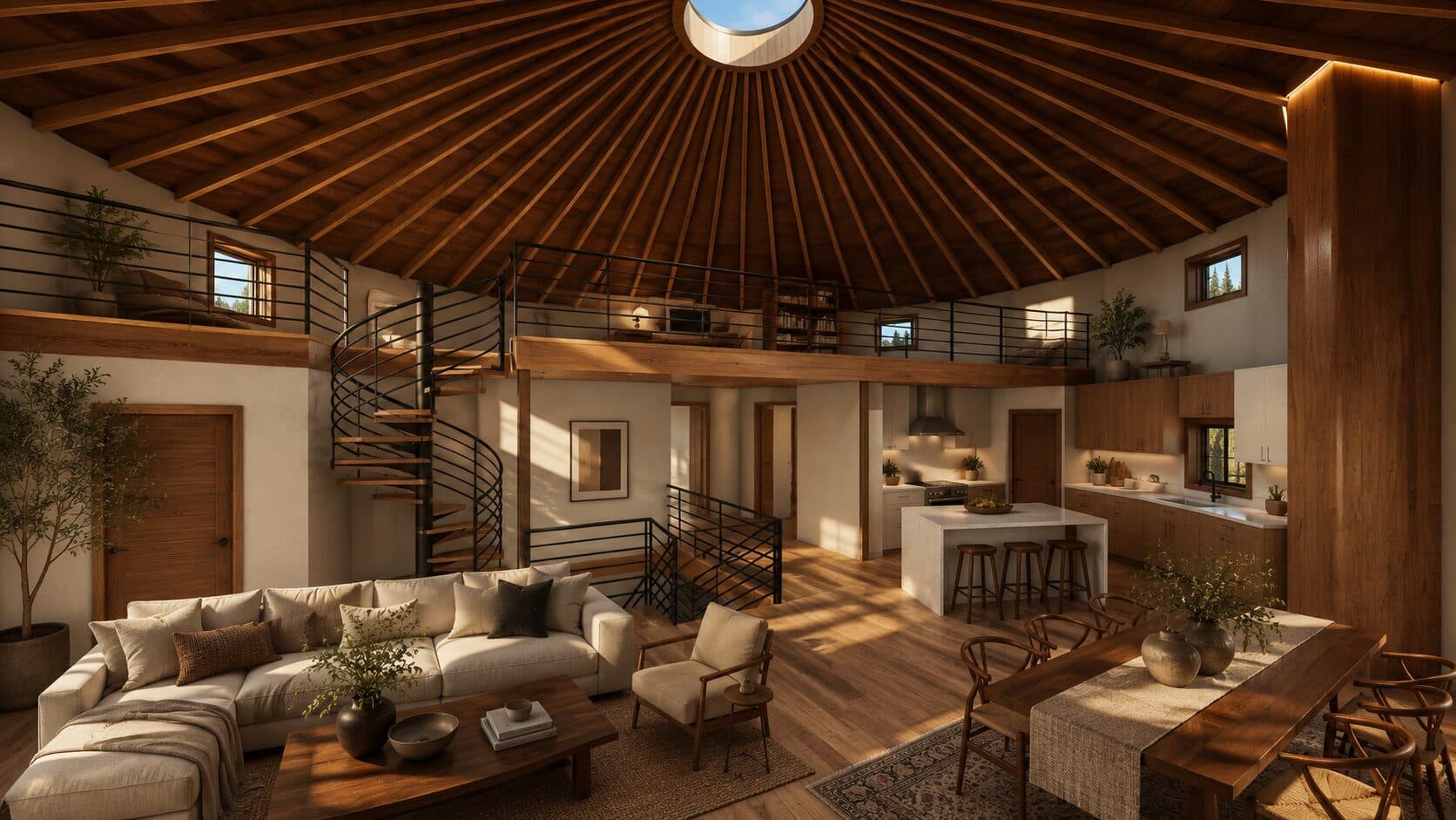 Open living, dining, and kitchen area with a stair to the loft, beneath a radial cedar rafter ceiling and central oculus.