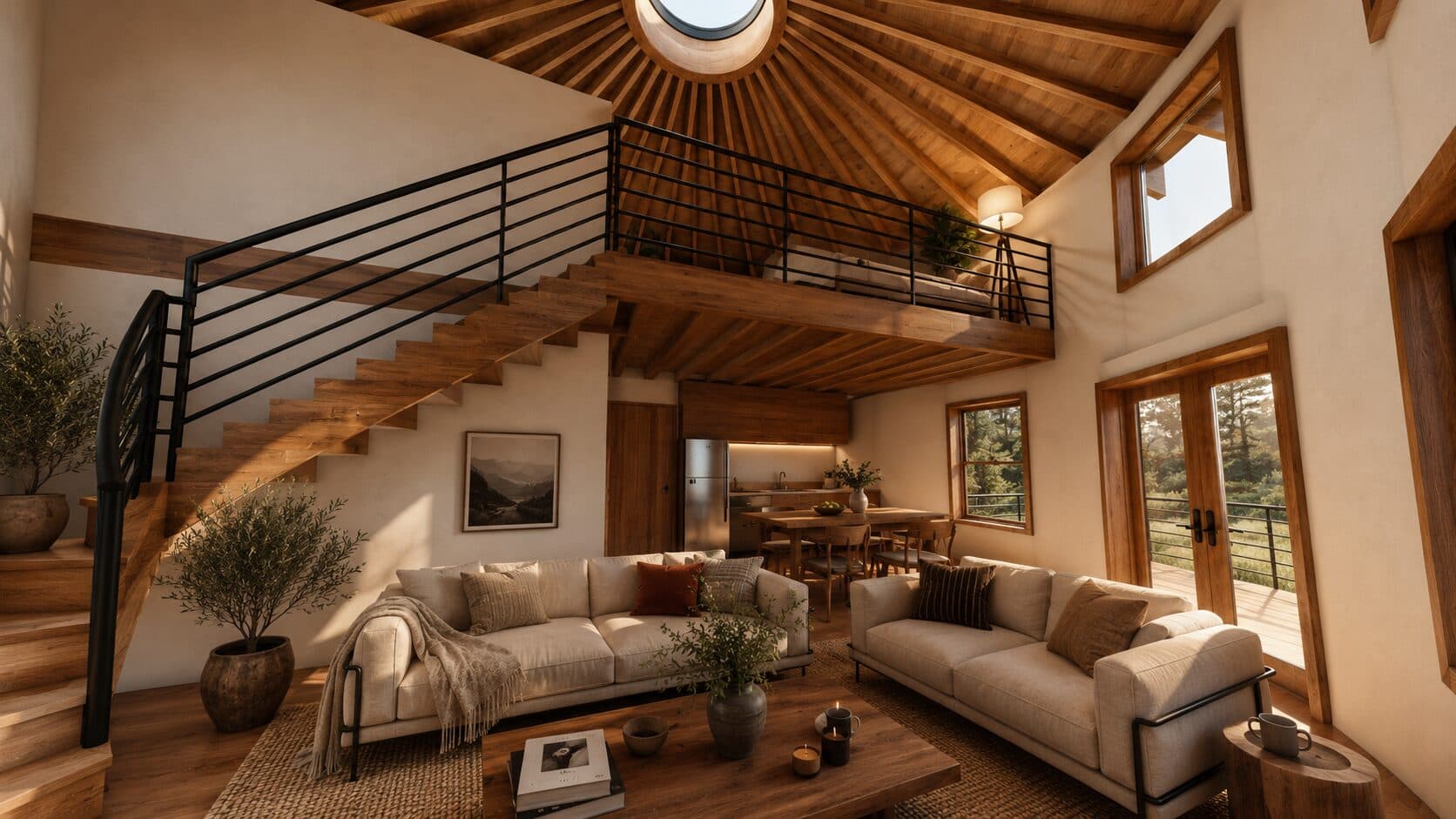 Open living and dining area beneath the loft, with a radial cedar rafter ceiling and central oculus.