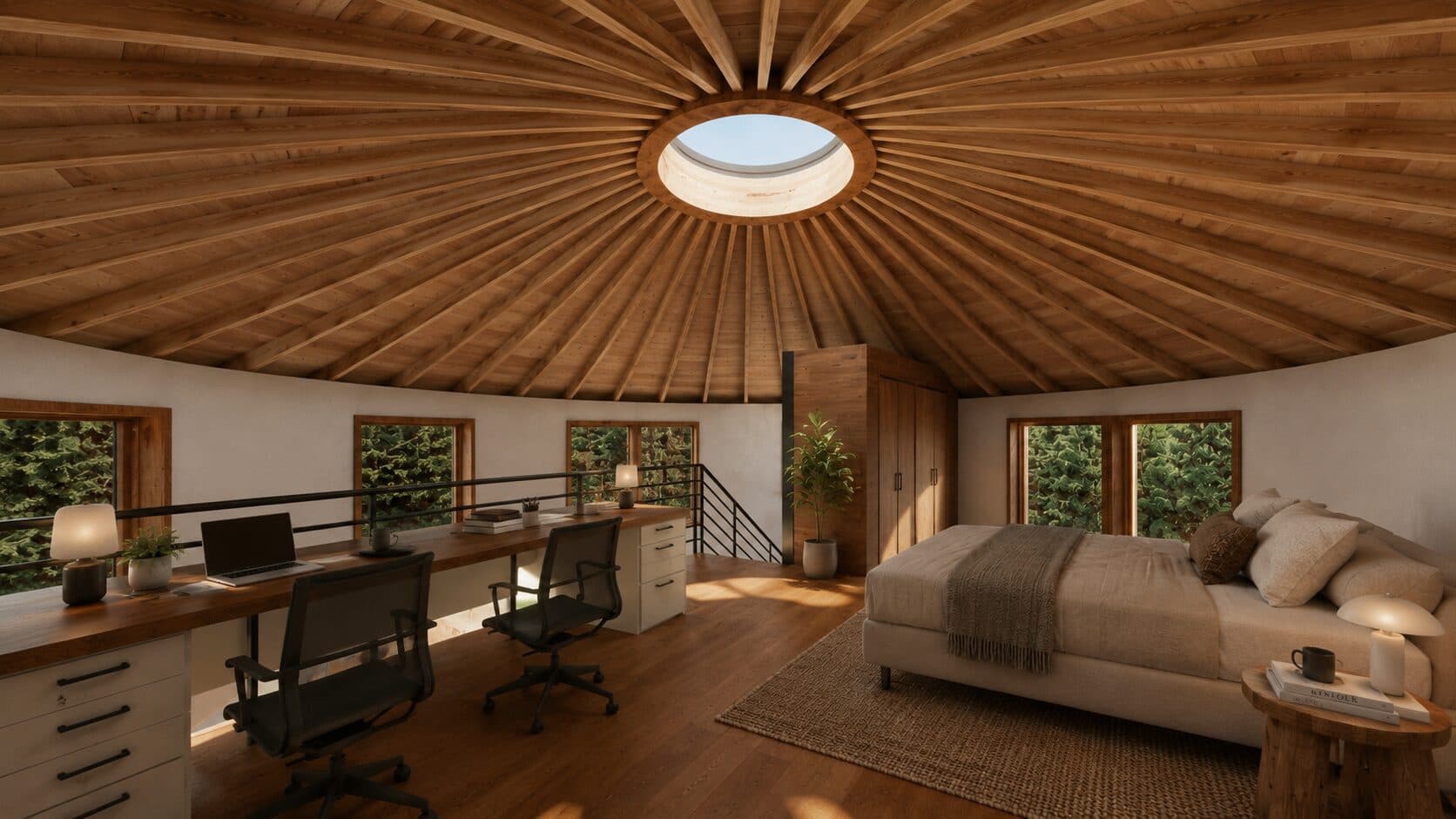 The loft-level bedroom and home office at Redwood Ridge Round Home, beneath the cedar rafter dome.