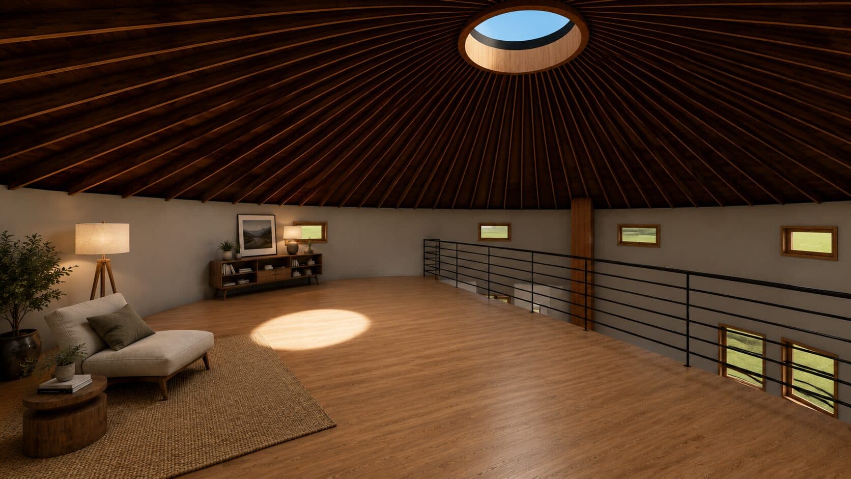 The loft-level lounge at Highland Overlook Round Home, beneath the cedar rafter dome.