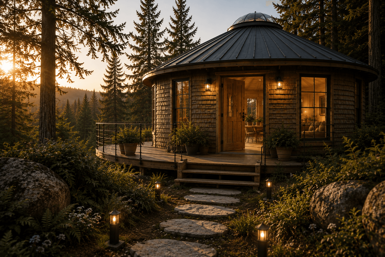 A round timber home with a shingled exterior and dark conical roof, its door open and warmly lit at dusk, a lantern-lined stone path leading through the forest to the entry.