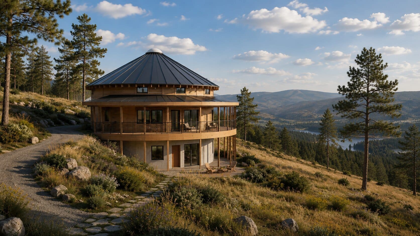 A round timber home with a wraparound deck on a hillside, overlooking a pine-forested valley and a lake in the distance.