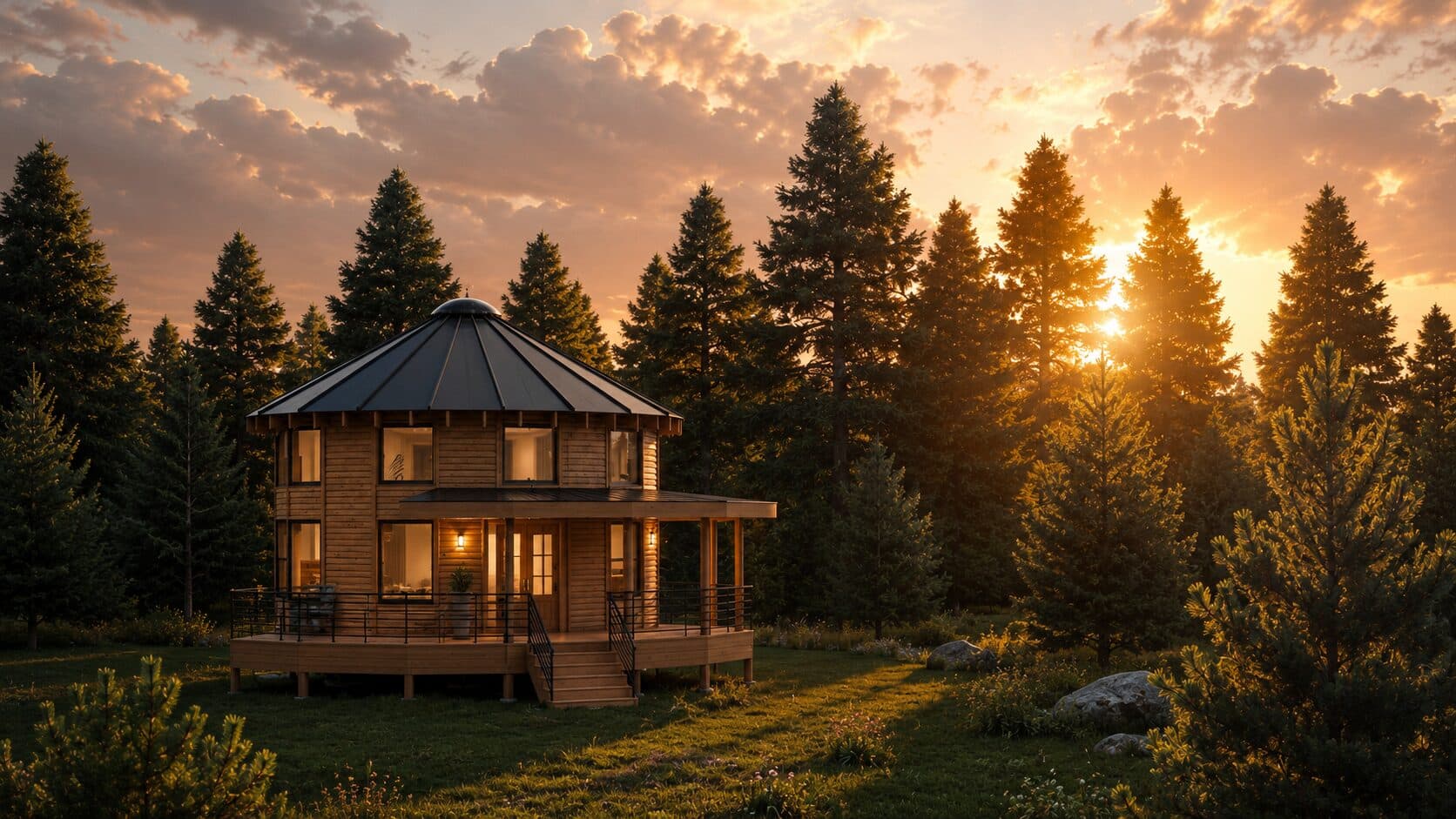 A two-story round timber home with a wraparound deck and warmly lit windows, set in a forest clearing at dusk.