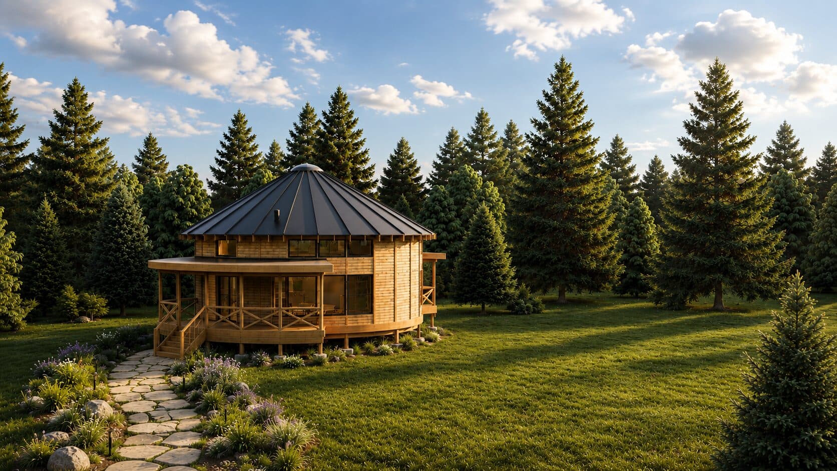 A round timber home with a dark standing-seam roof and wraparound porch, set in a mountain clearing surrounded by tall pines under a partly cloudy sky.