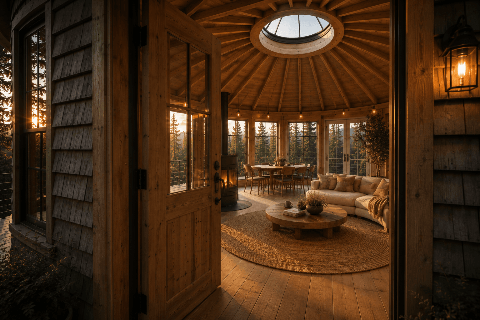 Looking in through the open door: a sunlit round living room with a domed skylight, a wood stove, and a sectional couch.