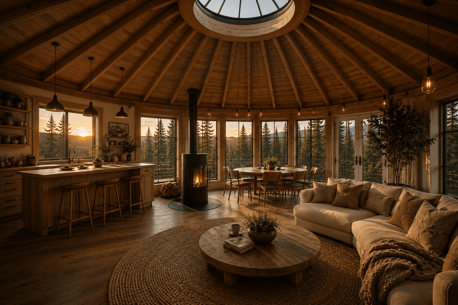 A sunlit round living room with a domed skylight overhead, a wood stove and dining table at its center, a kitchen island to one side, and a sectional couch facing a wall of forest-facing windows.