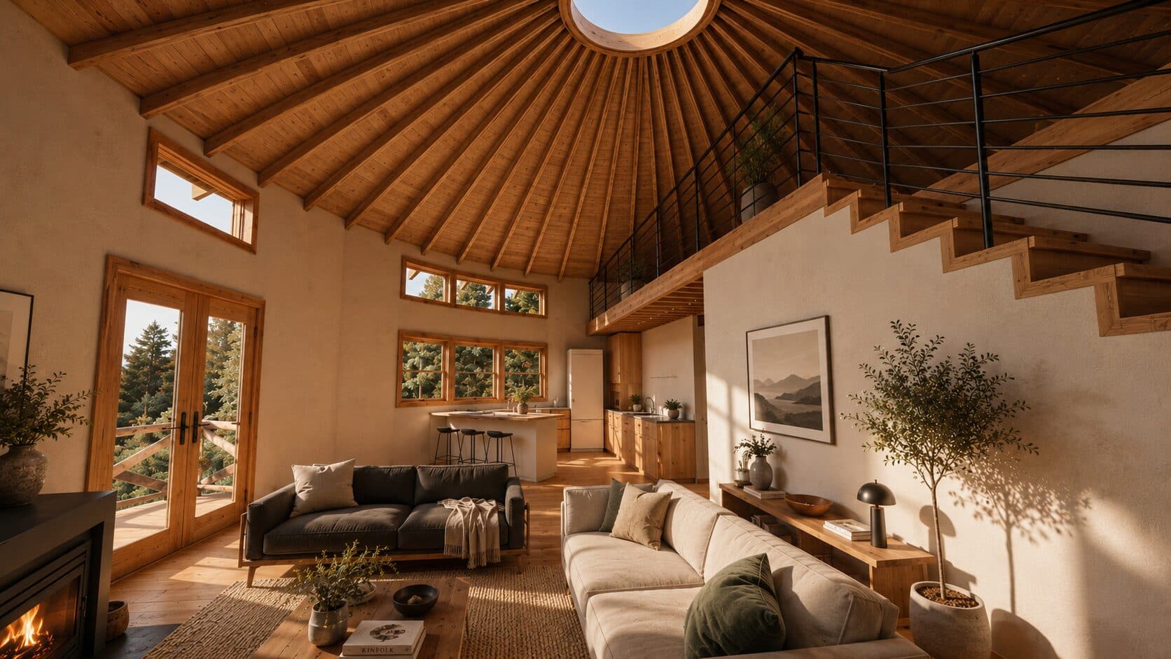 Open living and kitchen area beneath a loft stair, with a radial cedar rafter ceiling and central oculus skylight overhead.