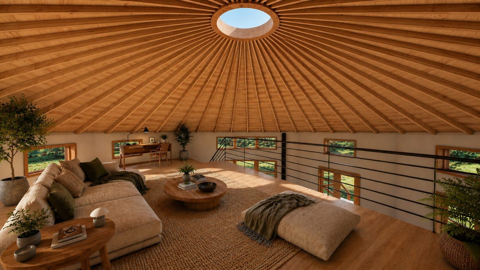 The loft-level lounge and home office at Blue Mountain Round Home, tucked beneath the cedar rafter dome.