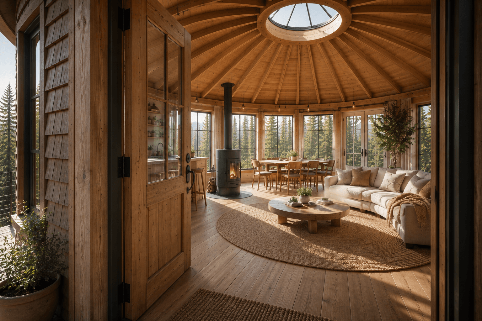 Looking in through an open door at a sunlit round living room in daylight — a wood stove, dining table, and sectional couch beneath a domed skylight, with a kitchen glimpsed beyond.